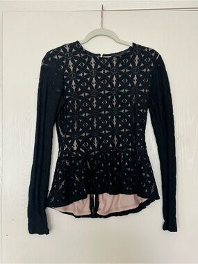 BCBGMaxAzria Black Lace Peplum Blouse with Nude Lining